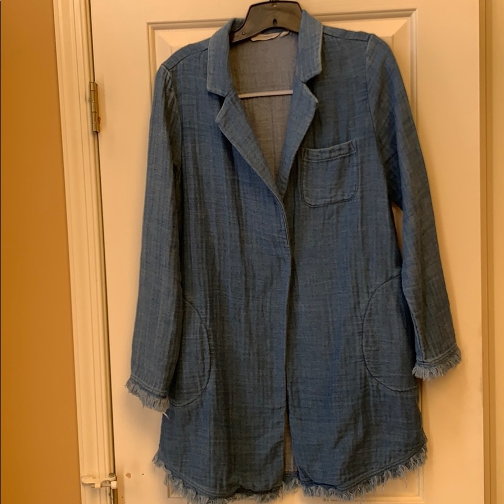 Soft Surroundings Chambray Denim Frayed Edge Longline Duster Jacket S